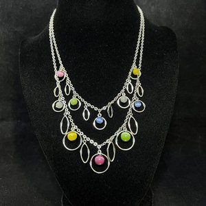 Double Strand Silver Tone Pink Clear Green Blue & Yellow Cats Eye Necklace (3742